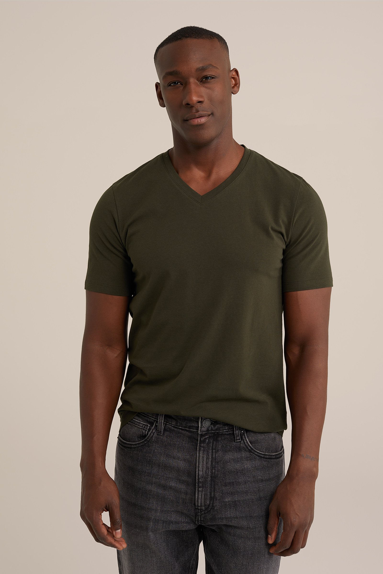 T-shirt met V-hals WE Fashion Donkergroen