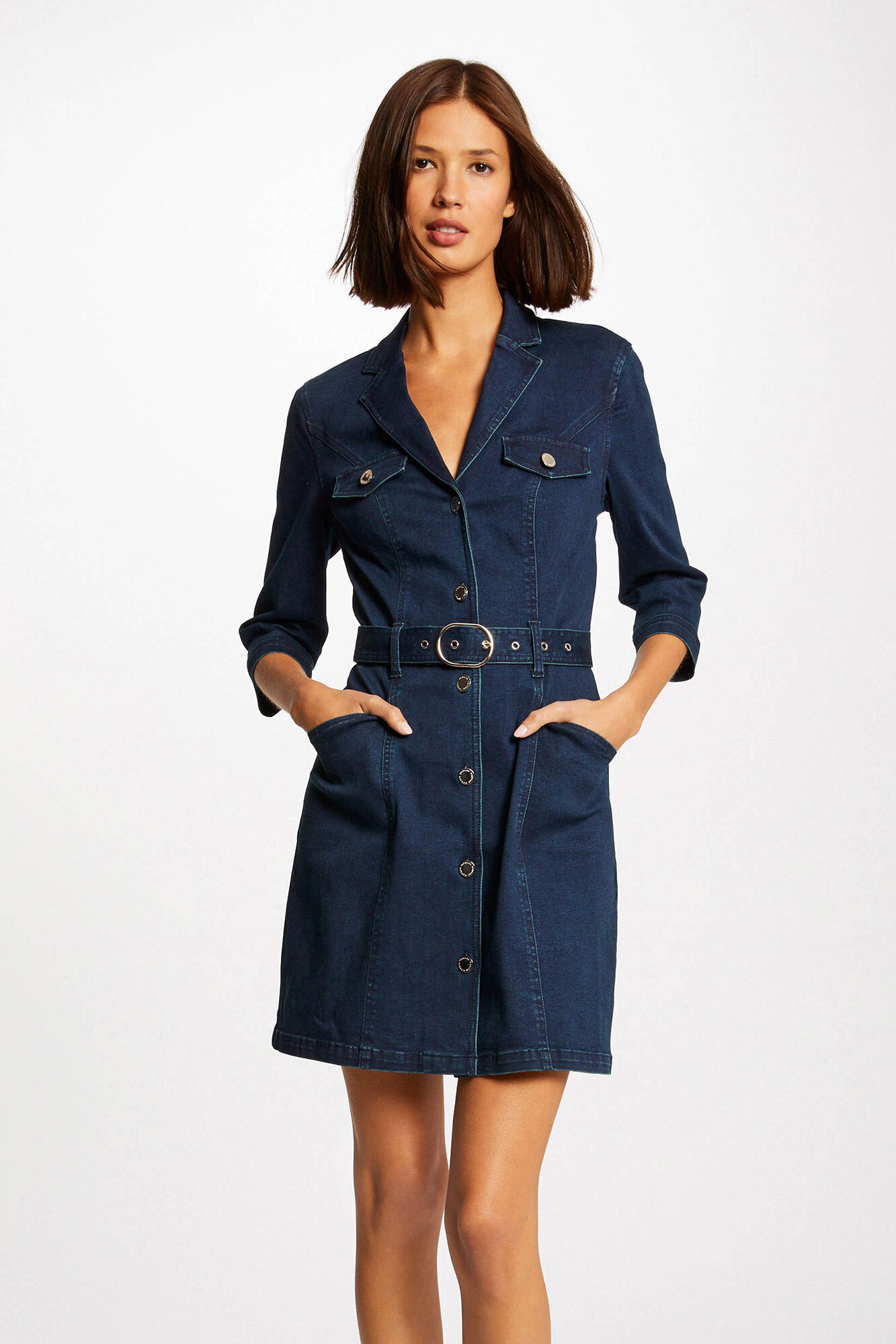 Vestido jeans evasê com cinto - Azul marinho