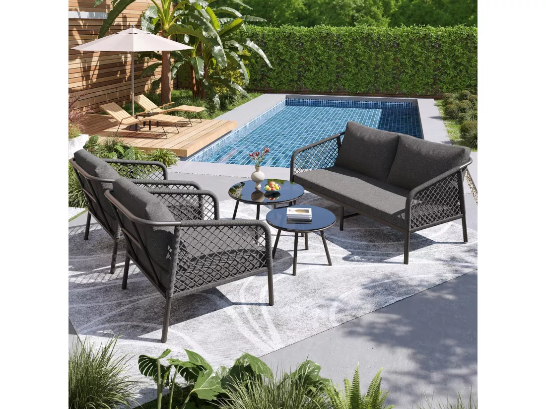 Salon de jardin ergonomique, un canapé 2 places + 2 fauteuils + tables gigognes en verre, avec coussins gris