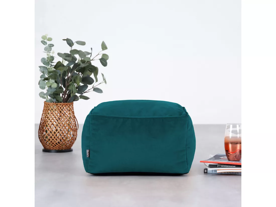 Pouf repose-pieds carré velours bleu canard - AMARA