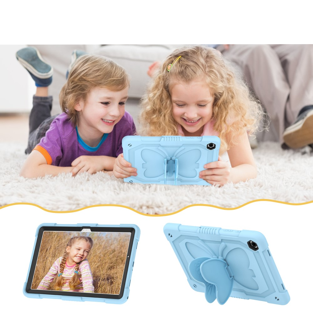 Samsung Galaxy Tab A9  Plus 2in1 Hybrid Outdoor Silikon Case Hülle mit Schmetterling Kickstand und Schultergurt - Hellblau