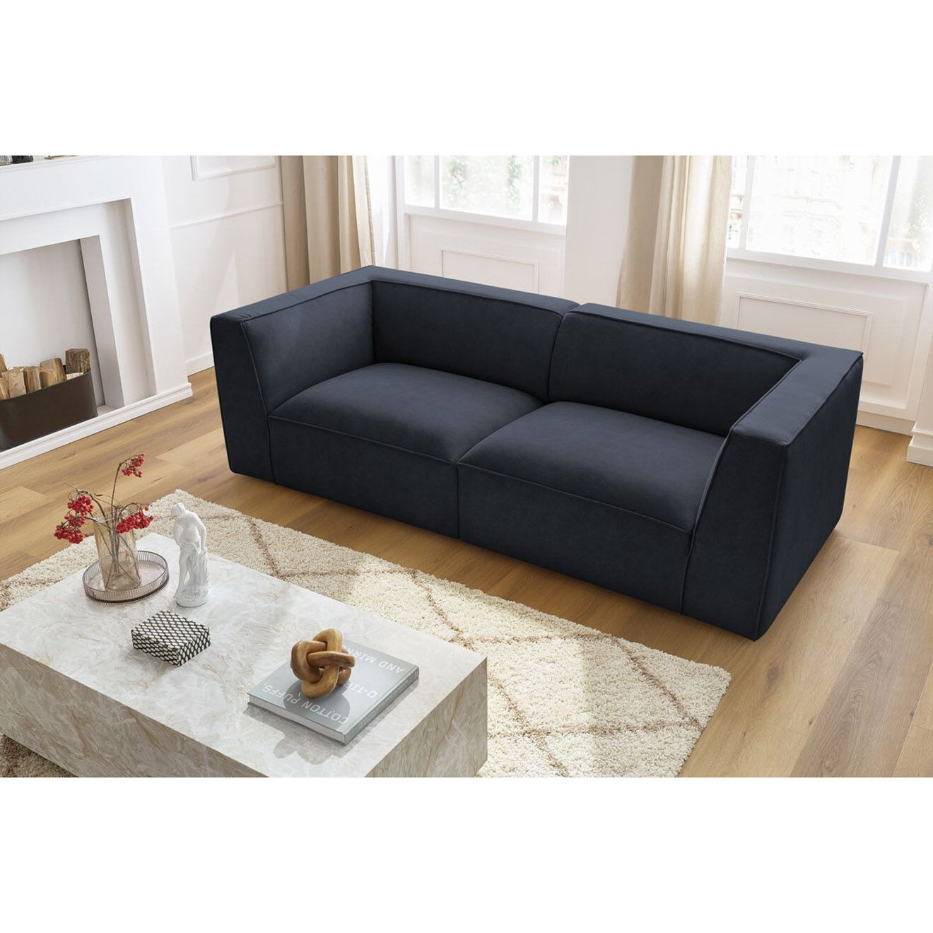 Bobochic Canapé droit fixe 3 places en Velours Molière bleu foncé - 233x99x71 cm