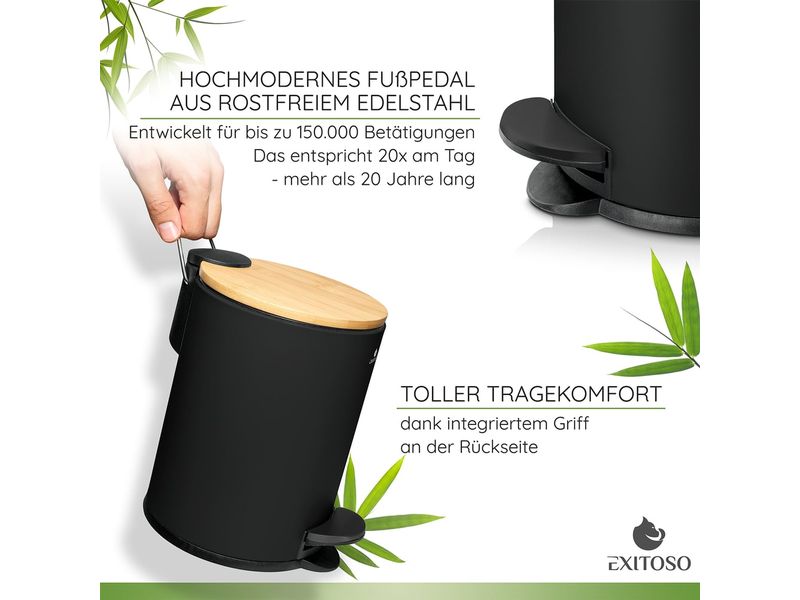 Exitoso Tretmülleimer mit Softclose-Deckel 3 l, Schwarz Abfalleimer aus Bambus