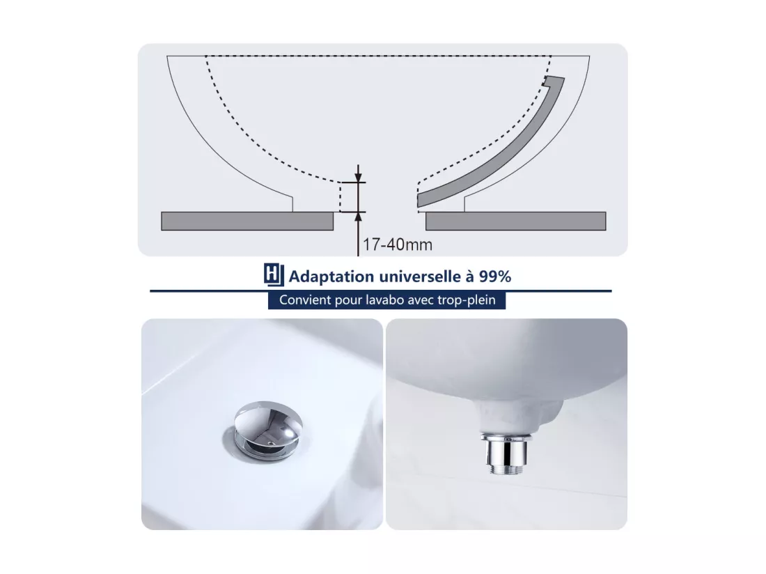 Homelody Bonde de Lavabo Bonde Pop-up avec Trop-plein Automatique Universelle en Cuivre Chromé Grande Evacuation