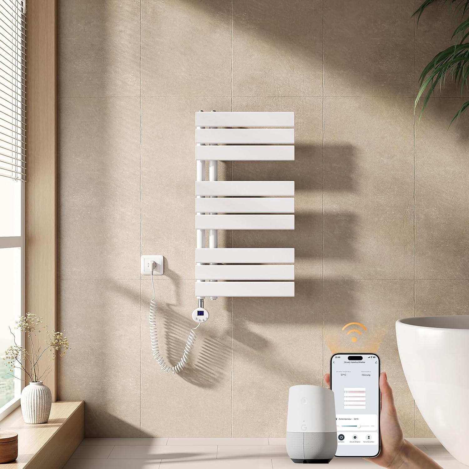 EMKE WiFi Handtuchheizkörper Elektrisch 762x400 mm - Flach Badheizkörper Elektrisch, Elektrischer Handtuchwärmer Handtuchtrockner Handtuchheizung mit Thermostat und Heizstab - 400W, Weiß