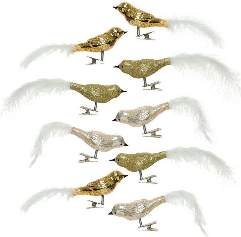 Decoris Glazen Decoratie Vogels op Clip Champagne/Goud 8 cm - Set van 3 - Kerstboomversiering