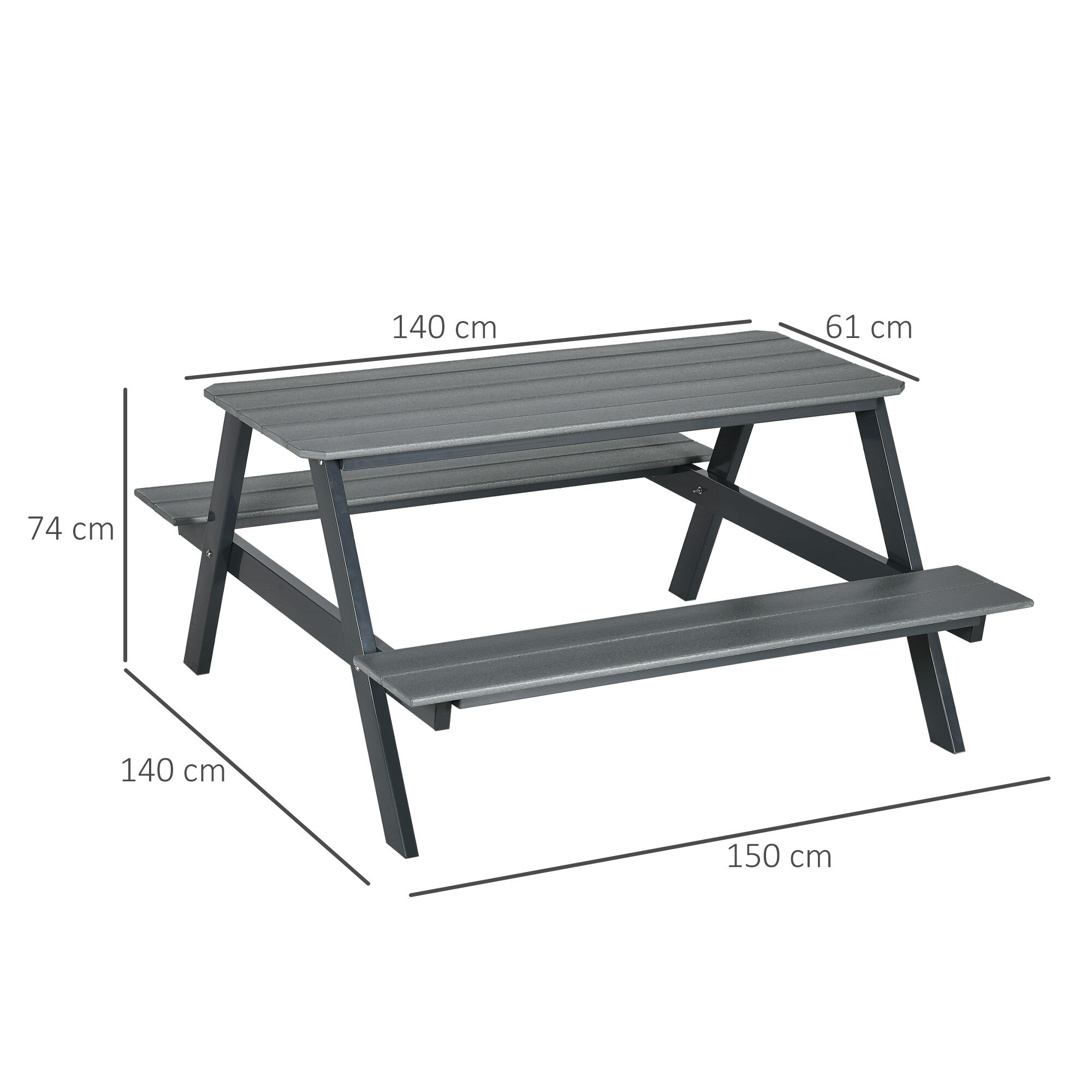 Outsunny Picknick Tisch mit Bank grau 150L x 140B x 47H cm