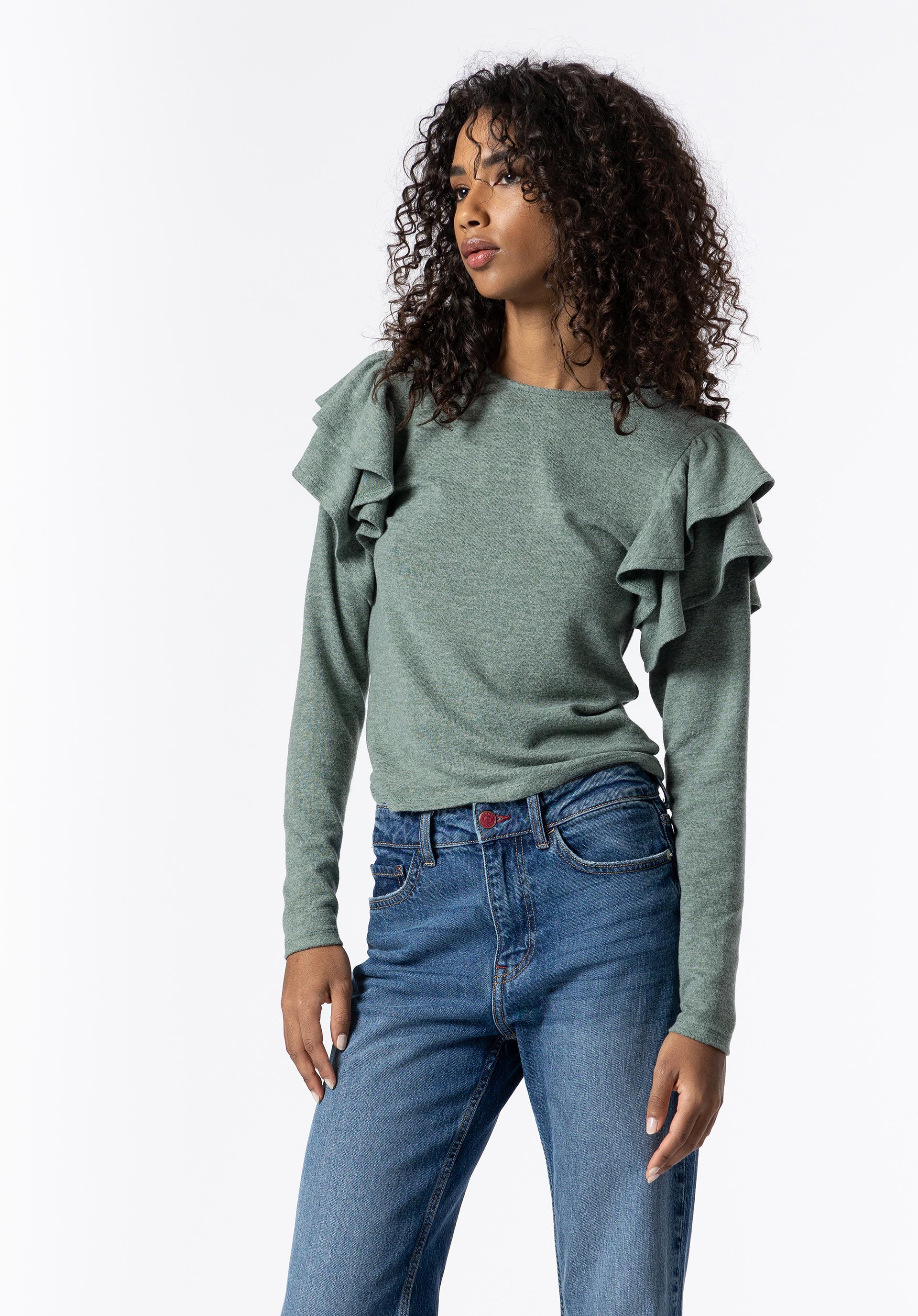 T-shirt Toque Suave com Folhos