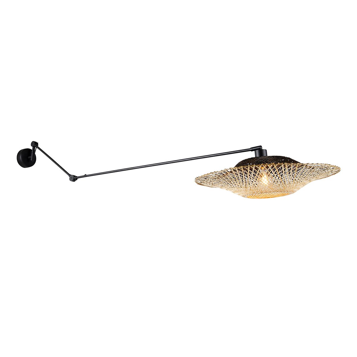 Wandlamp zwart met rotan kap 50 cm verstelbaar - Blitz