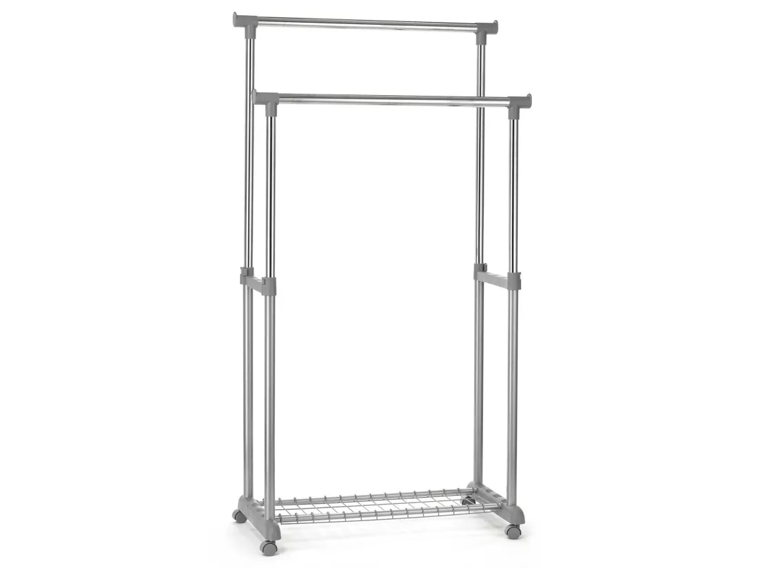 Portant à vêtements GROSSO penderie double sur roulettes vestiaire mobile 2 barres de hauteur réglable et 1 tablette, chromé et gris