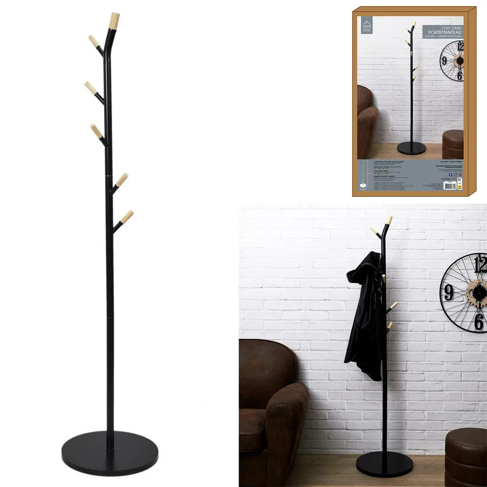Home Deco Factory Kapstok - zwart - metaal/hout - 6 haken - 175cm