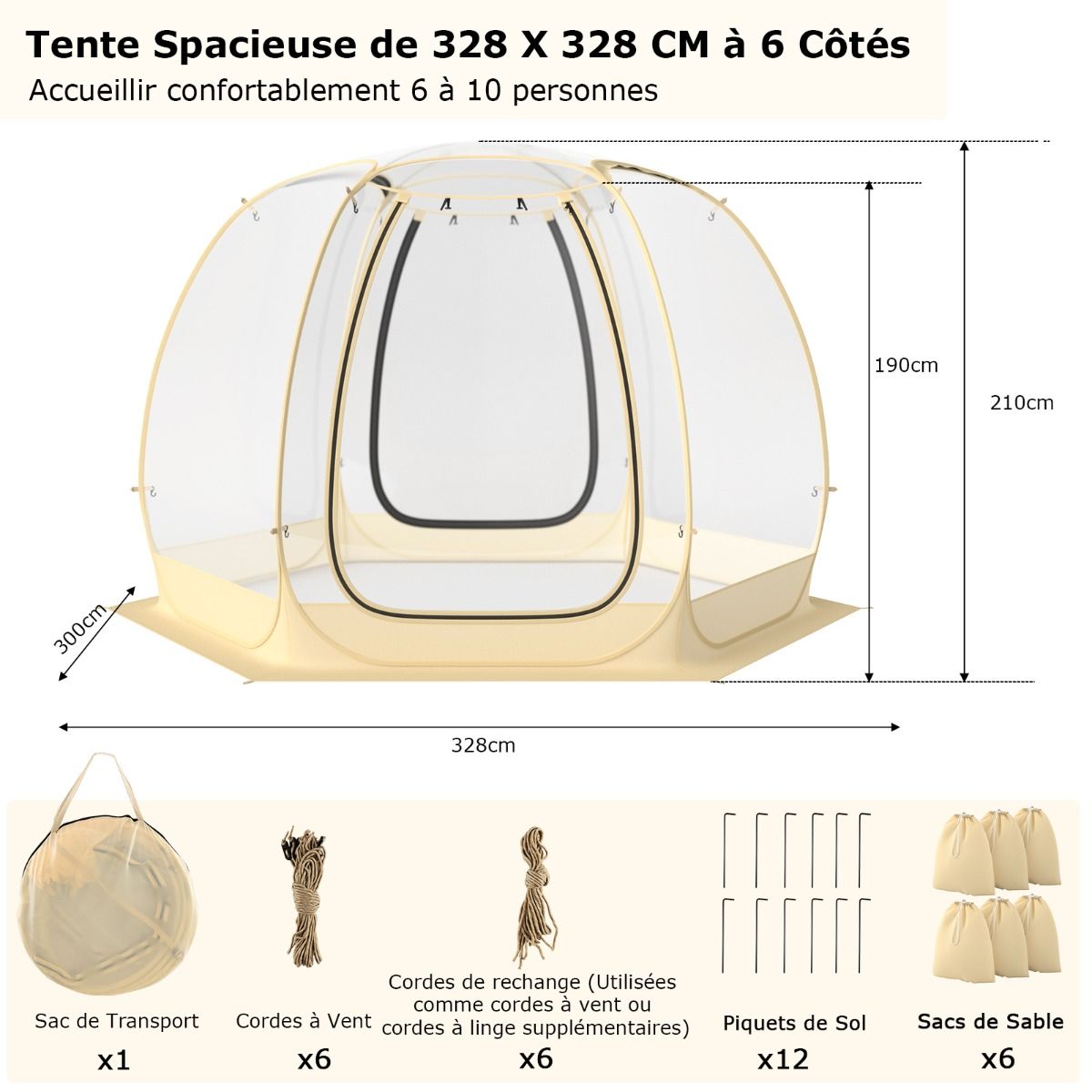 Tente Bulle à Ouverture Instantanée pour 6 à 10 Personnes Tente Dôme d'Extérieur 328 x 328 cm Résistante Aux Intempéries Transparent - Lidl-Manfred