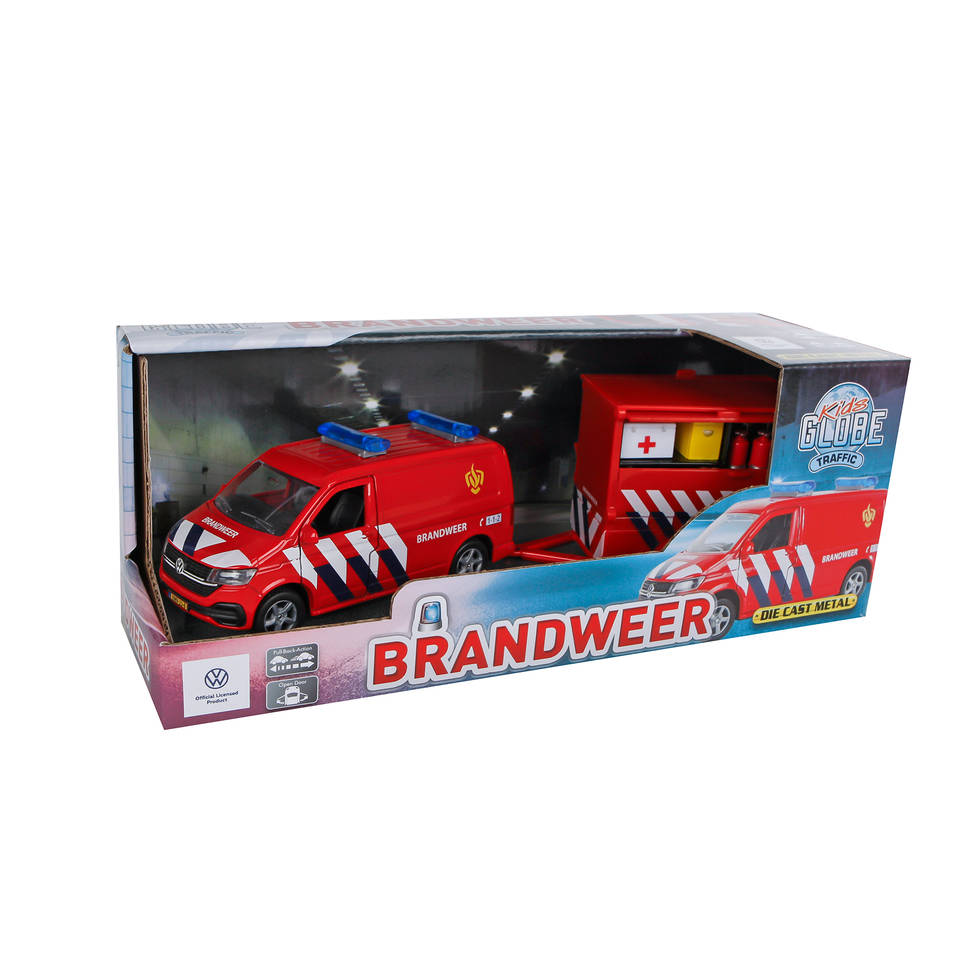 Kids Globe Traffic pull back Volkswagen Transporter brandweer met aanhangwagen