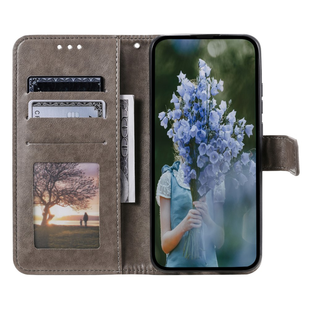 Samsung Galaxy S24  Plus Leder Tasche Wallet - Mandala Flowers Imprint - Grau
