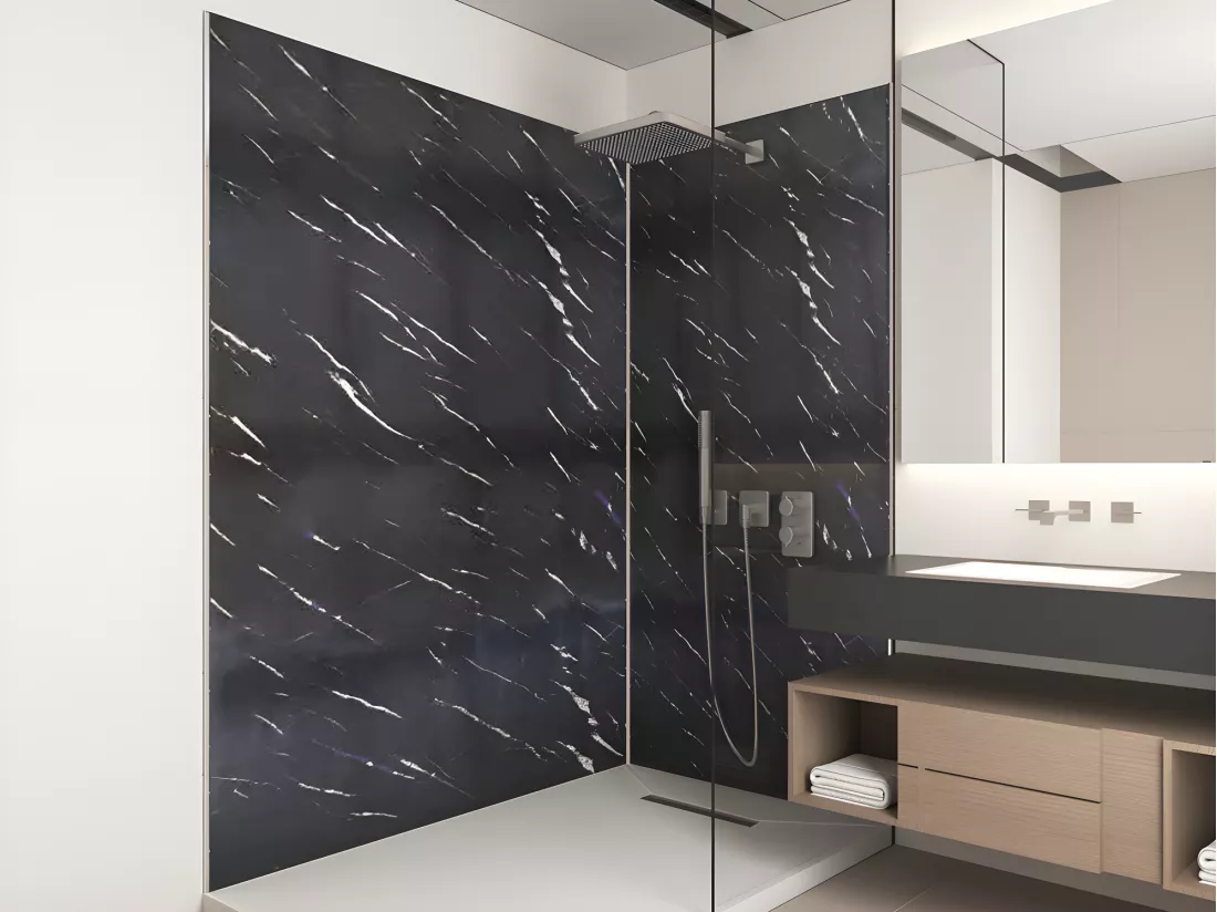 Lot de 2 panneaux muraux de douche effet marbre en aluminium avec profilés - L90 x L120 x H210 cm - ENEKO