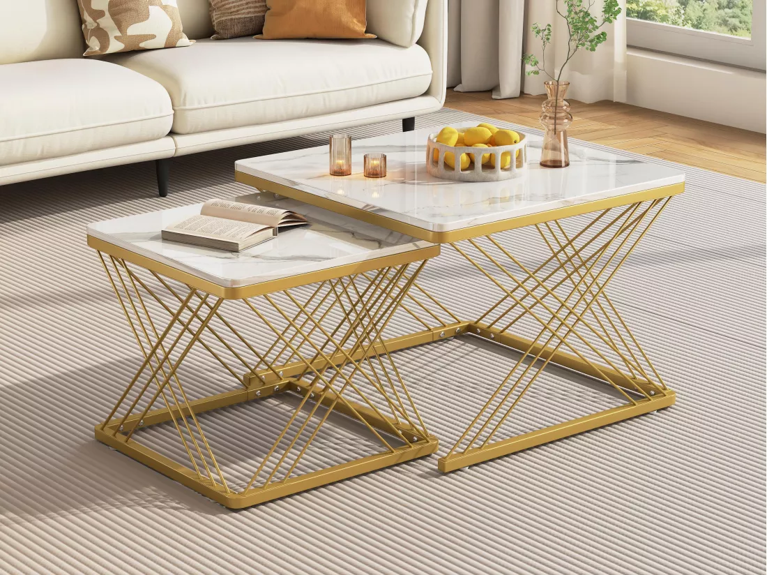 Lot de 2 tables gigognes - plateau à motif de marbre - Blanc & Doré