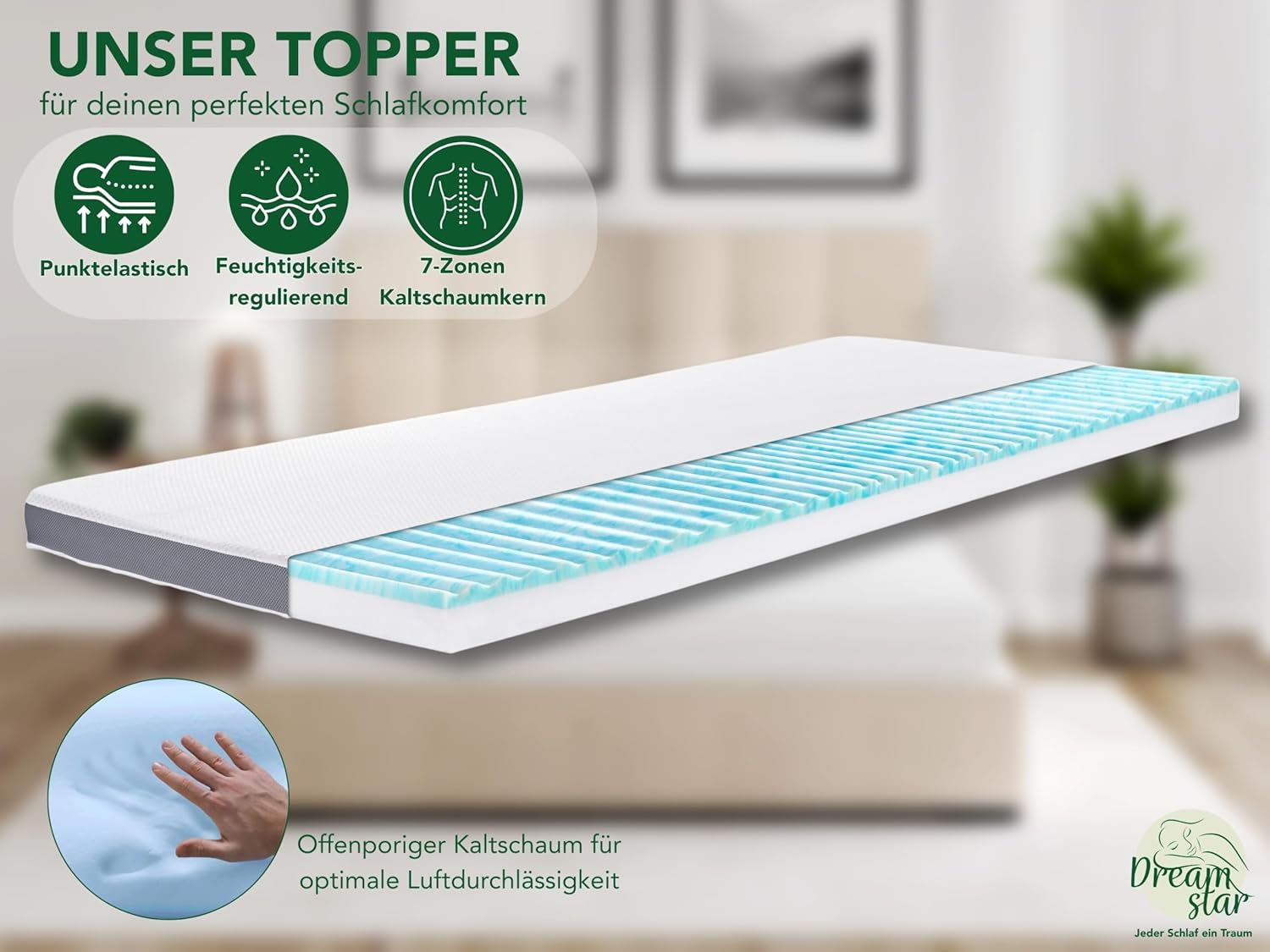 DREAMSTAR Komfort Topper 180x200 cm 7-Zonen | Visco Matratzentopper atmungsaktiv, rutschfest & waschbar | H 2 & H 3 (H2/H3) | Öko-TEX® | 7 cm hoch | 180 x 200cm