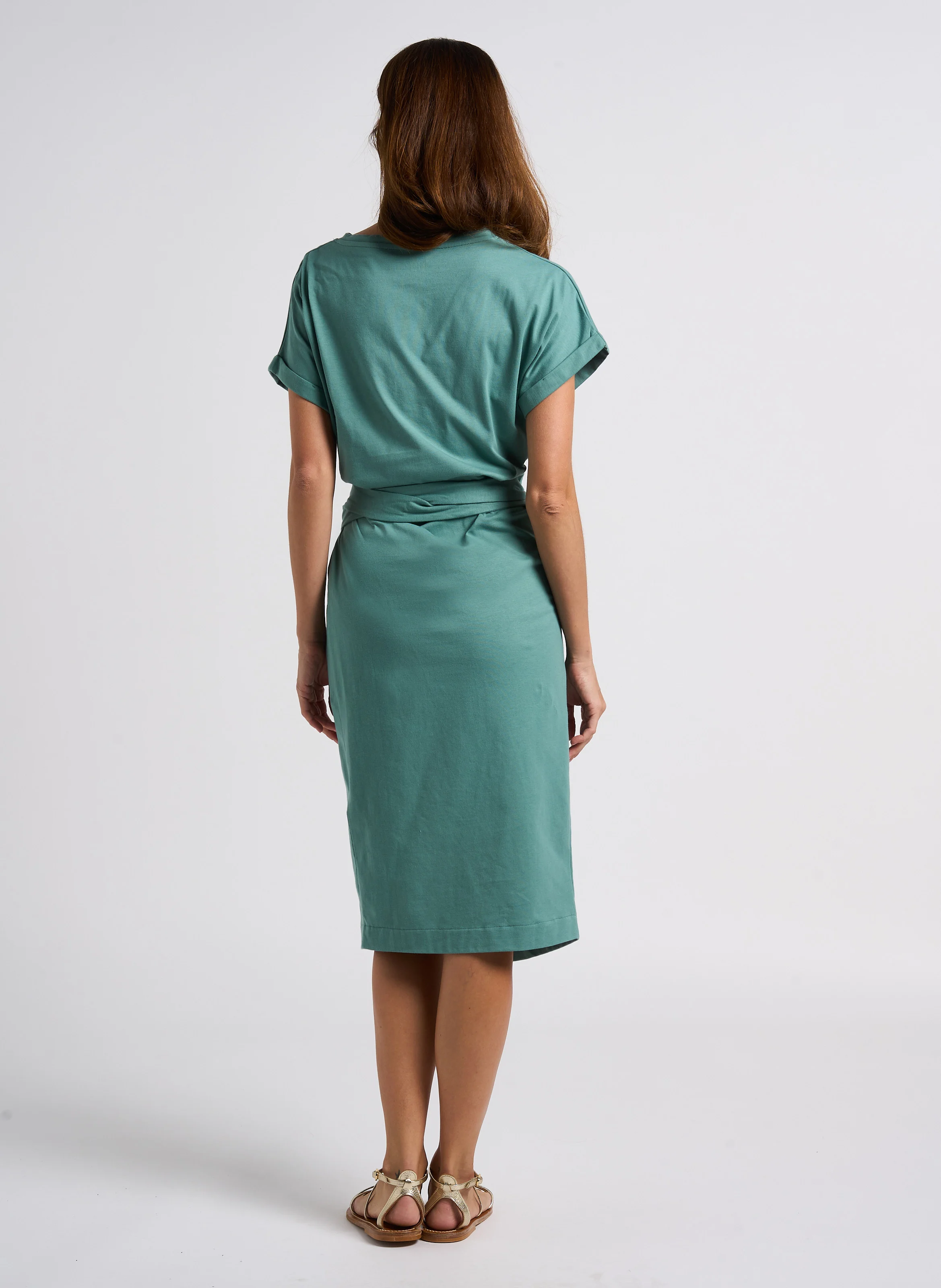 RAINBOW - Robe midi portefeuille col rond en coton | Vert