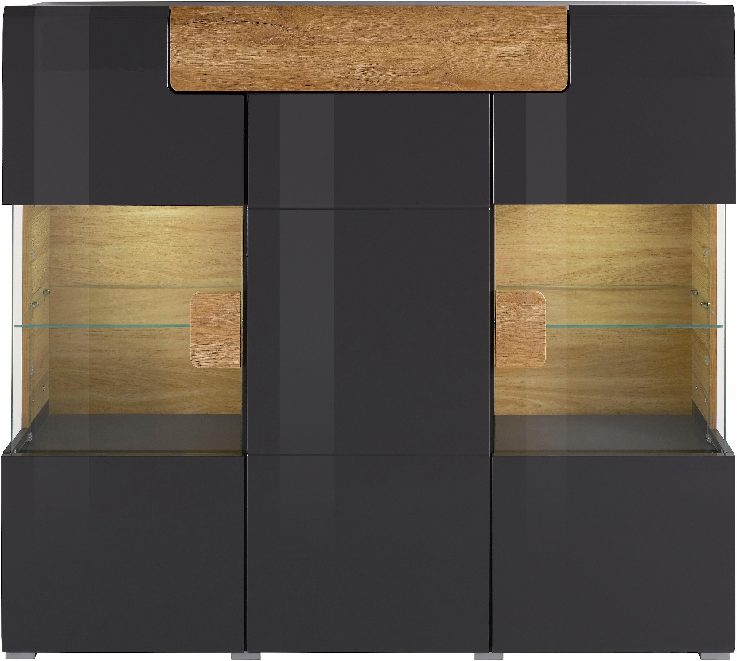 INOSIGN Highboard »Toledo,Breite 147,5cm,trendige Hochkommode mit 3Türen und Schublade« Hochschrank mit Glas-Partien,stylische Hochglanzfronten