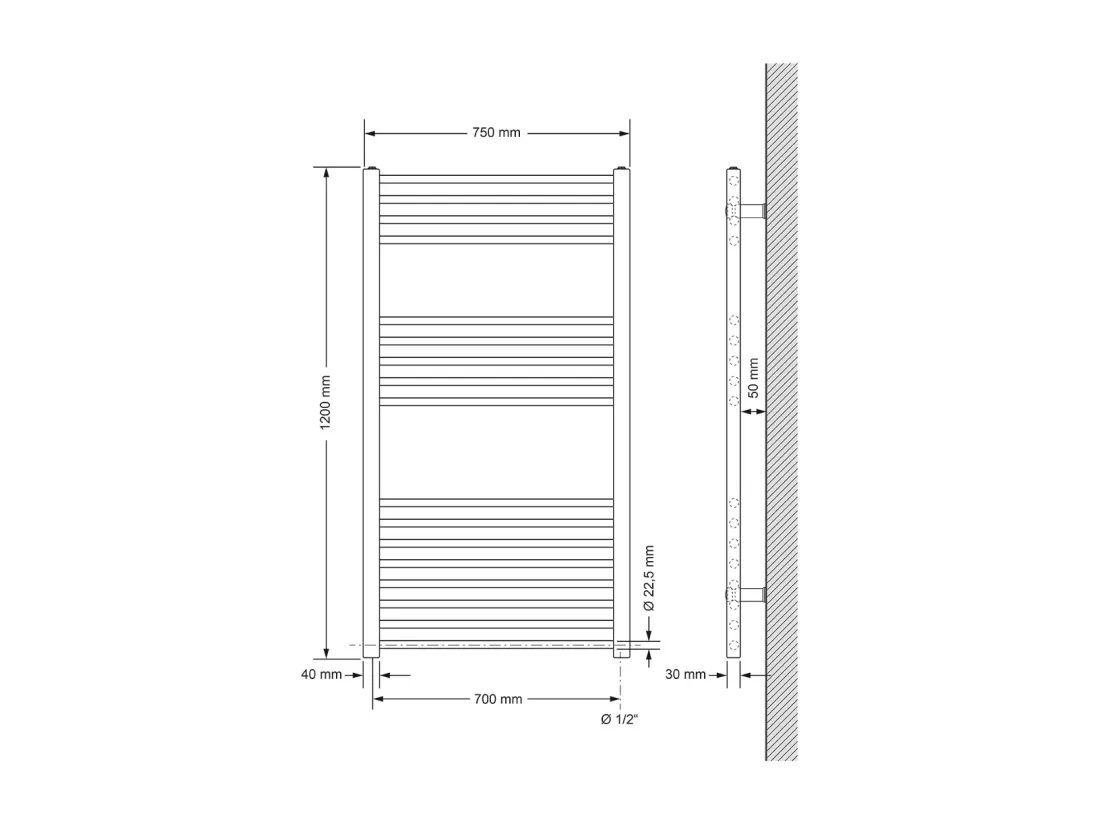 Radiateur Design Sahara, 750 x 1200 mm, Blanc, Connexion Latéral, Forme Droit