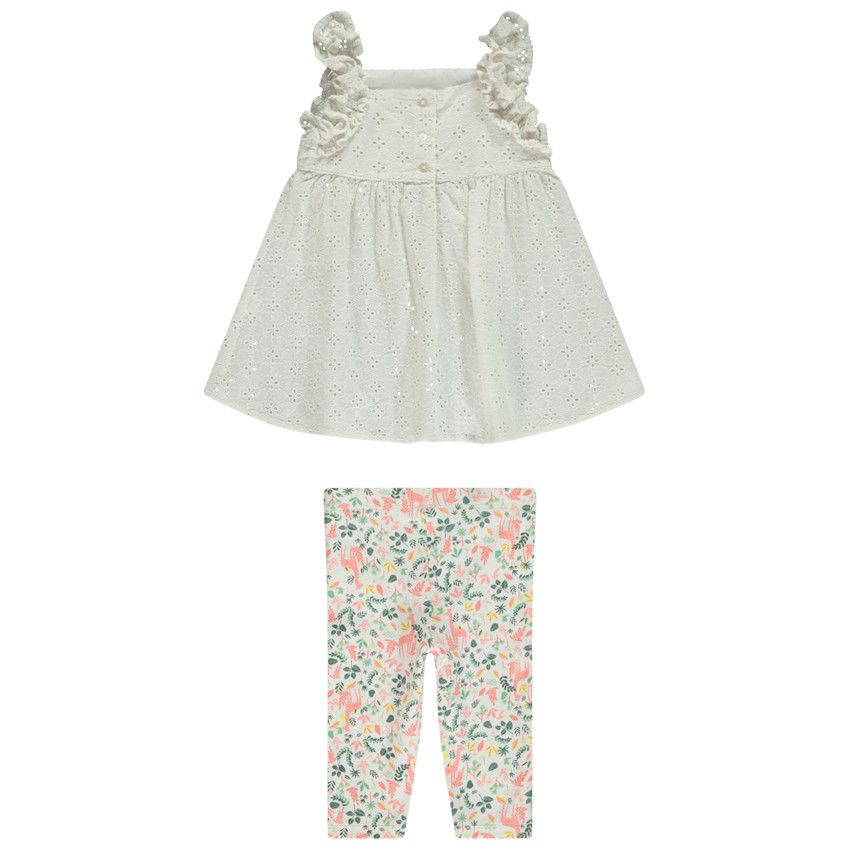 Ensemble 2 pièces avec tunique en broderie anglaise pour bébé fille - Ecru