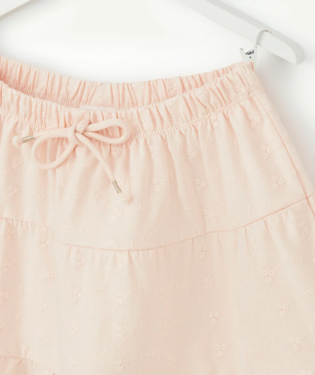 JUPE FILLE EN COTON ROSE PÂLE AVEC BRODERIES ET VOLANTS