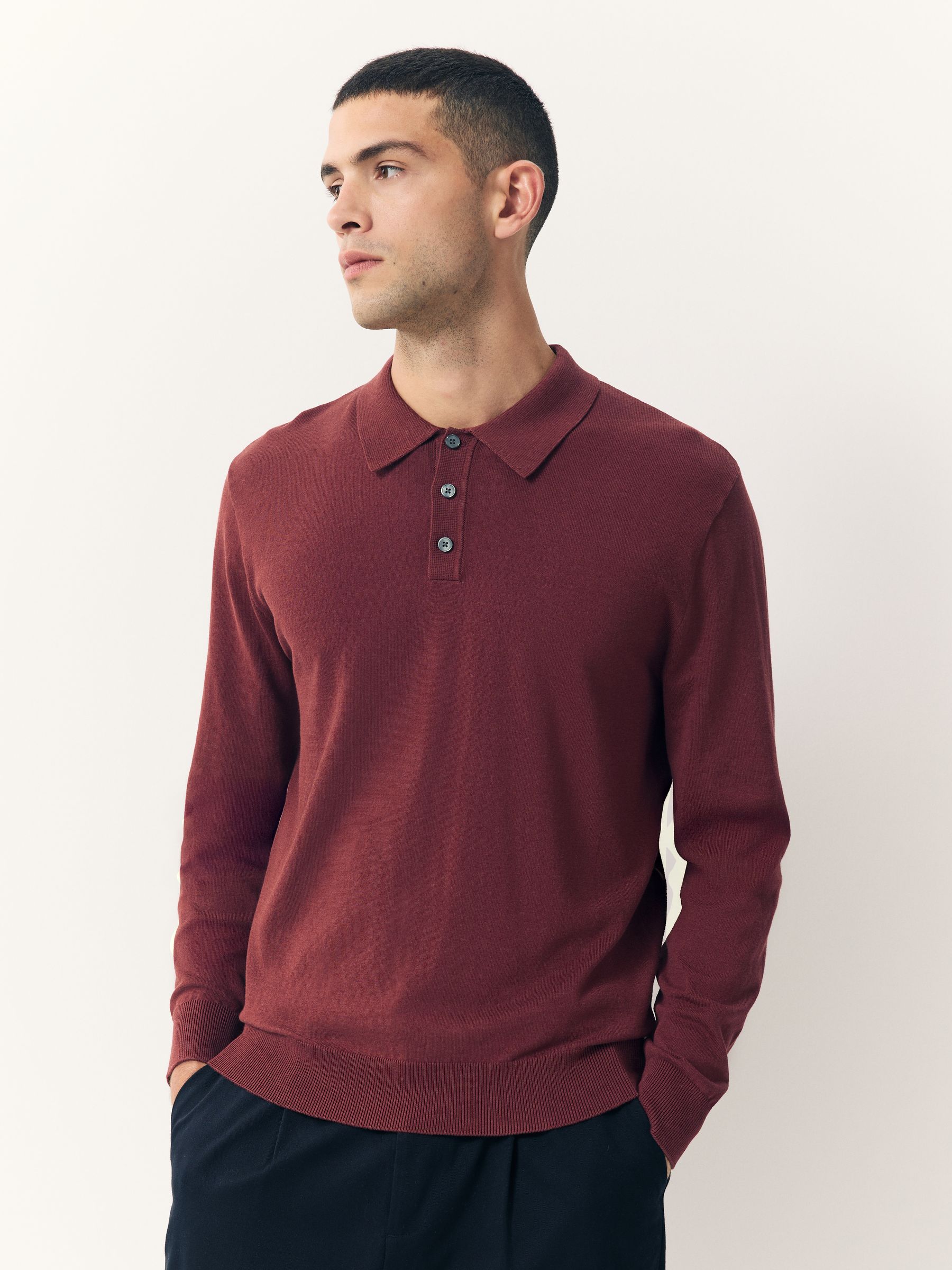 Rood - Normale Pasvorm - Katoenrijk gebreid poloshirt met lange mouwen