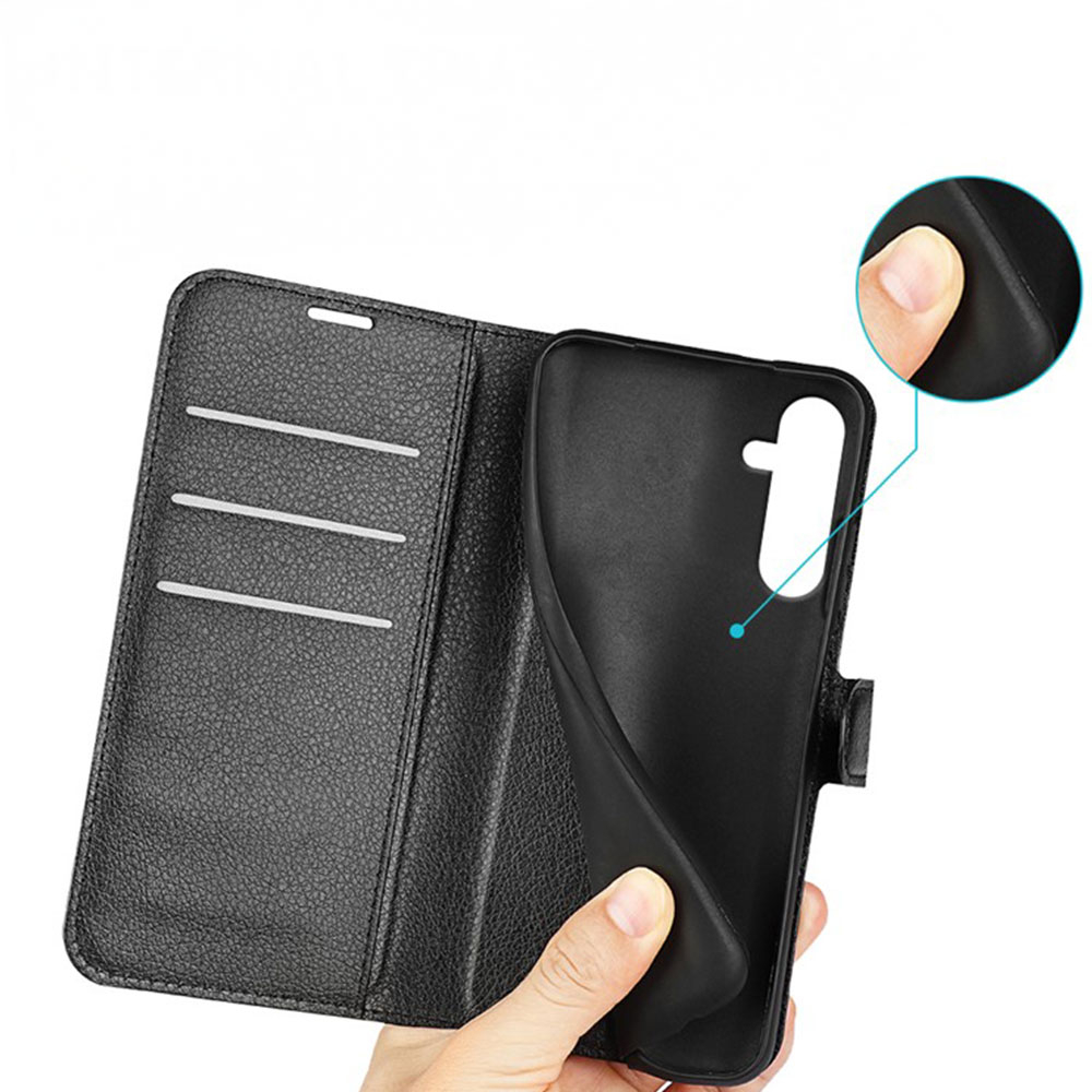 Samsung Galaxy A16 Leder Tasche Flip Cover Litchi Look - Schwarz