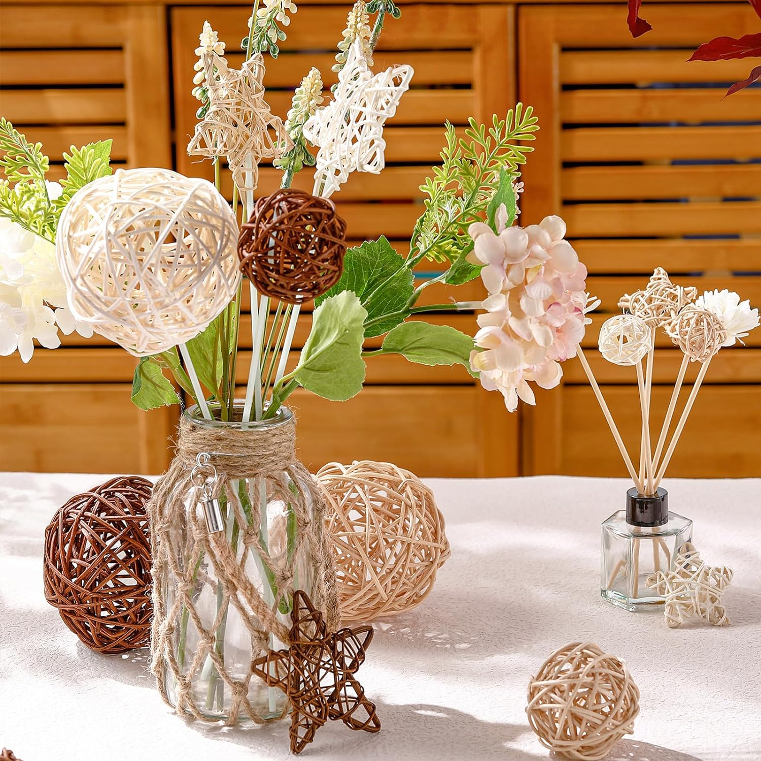 (9er Set) Rattan Home Deko Geflochtene Weide Ornament Kugeln / Stern - Beige / Braun