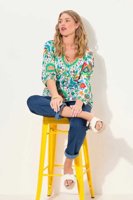 Bluse, Blüten, A-Linie, V-Ausschnitt, 3/4-Arm