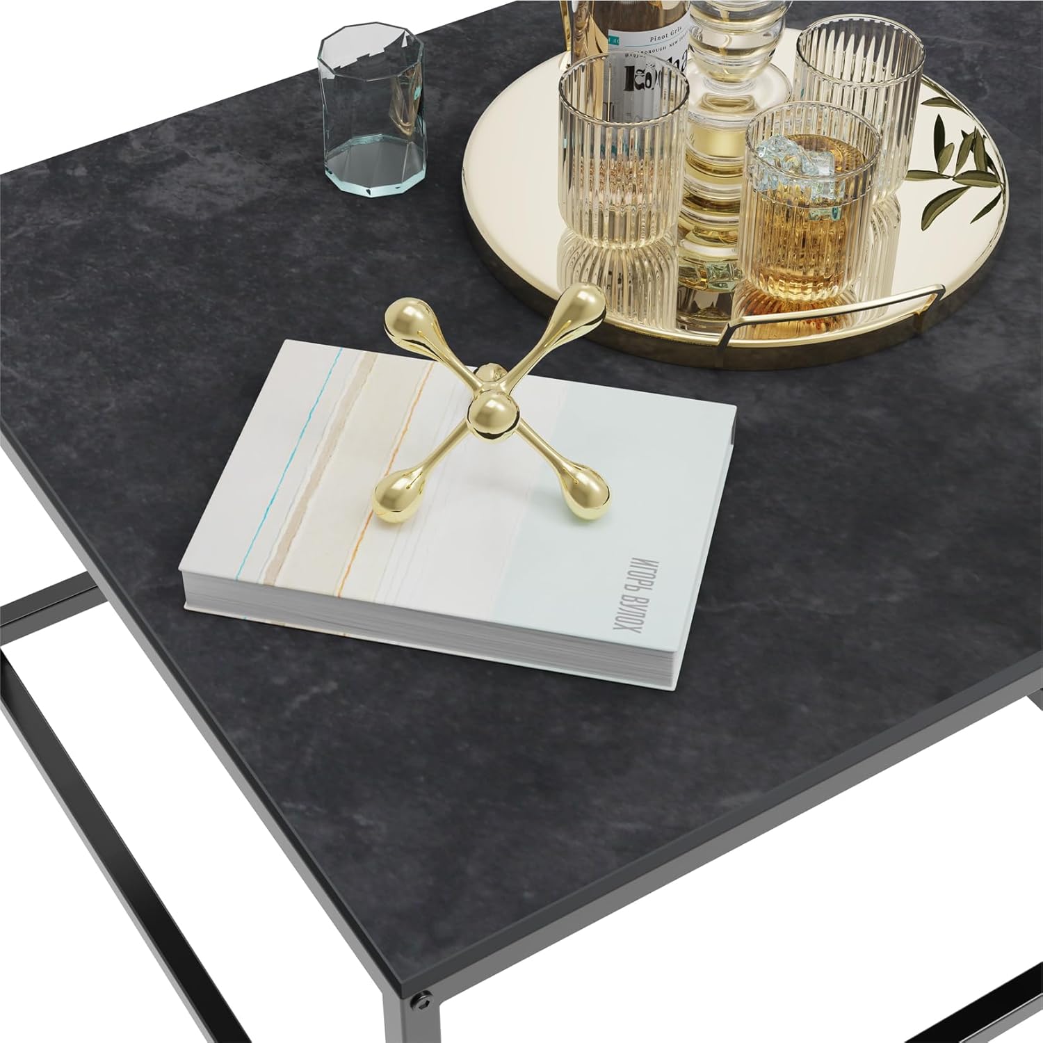 FATIVO Couchtisch Schwarz Marmor Wohnzimmertisch: beistelltisch 2er Set modern sofatisch quadratisch mit metallgestell für Wohnzimmer groß:65×65×40cm klein:60×60×34cm