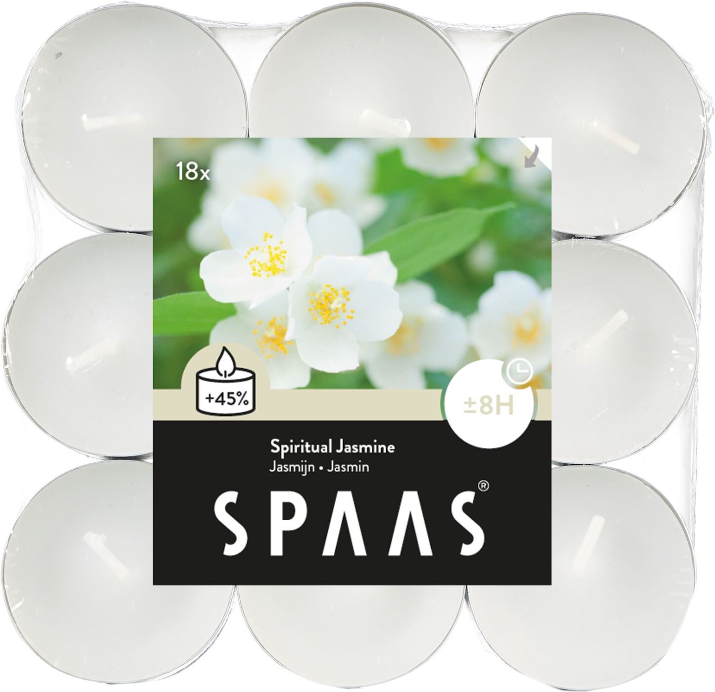 Spaas waxinelichten Canny jasmin wit 8 uur D 11,8 H 4,4 cm 18 stuks