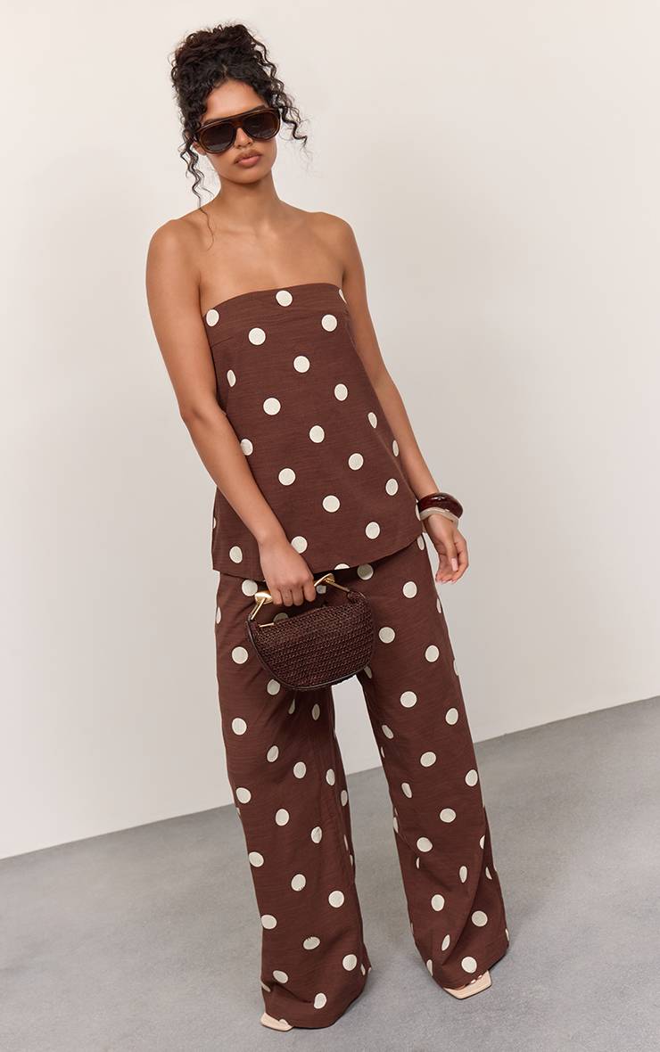 Marron Foncé Haut Bandeau Fluide En Coton À Pois