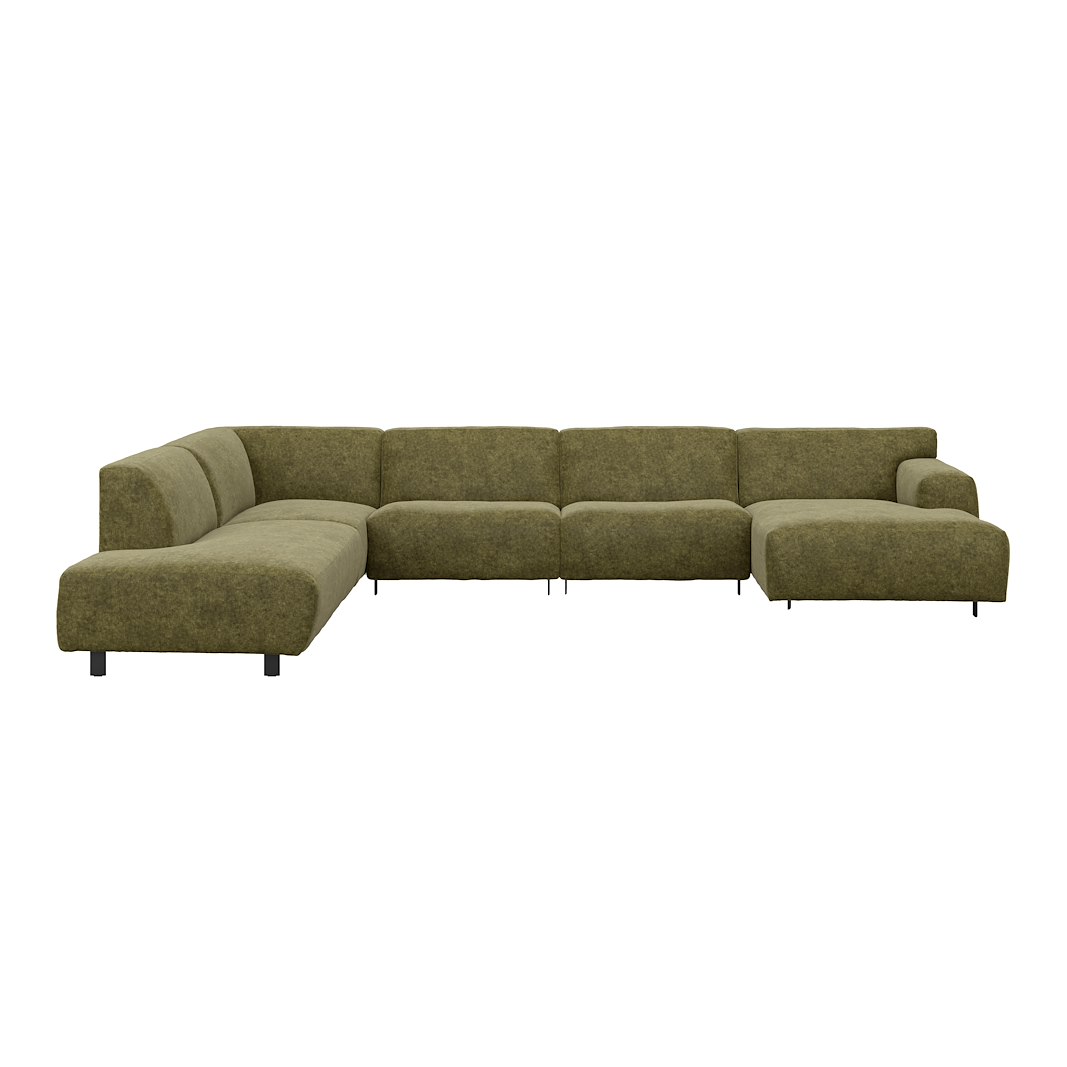 Vesta U-sofa Sjeselong høyre, 3-seter og åpen ende venstre. Big hjørnemodul, Tekstil Eros Forest, sort metallben 10 cm, Comfort CM