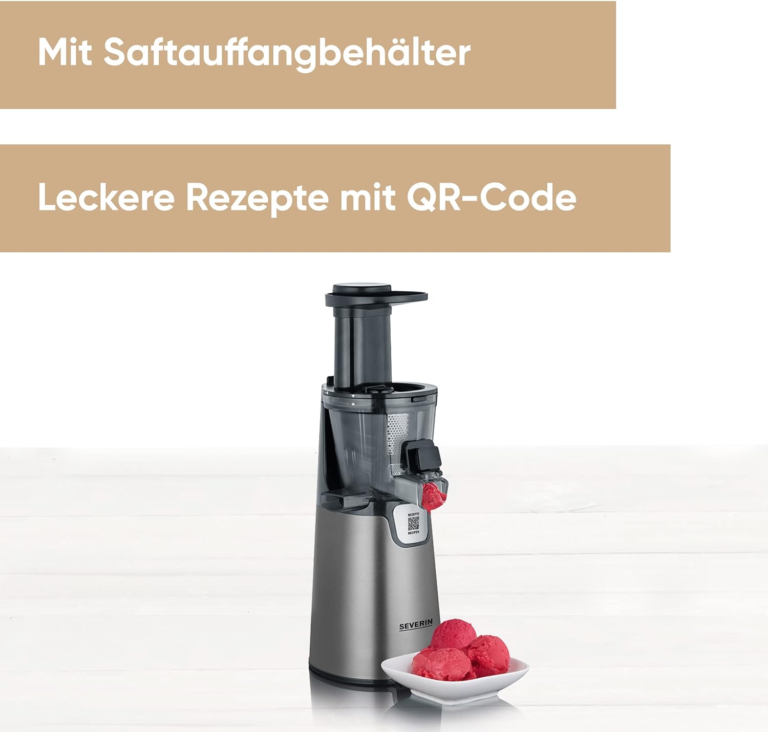 SEVERIN Slow Juicer – Entsafter für Saft, Sorbet, Eis, Marmelade uvm., elektrische Saftpresse aus Edelstahl, einfache Reinigung dank Easy-Clean Konzept, 1L Auffangbehälter, 150 Watt, ES 3571