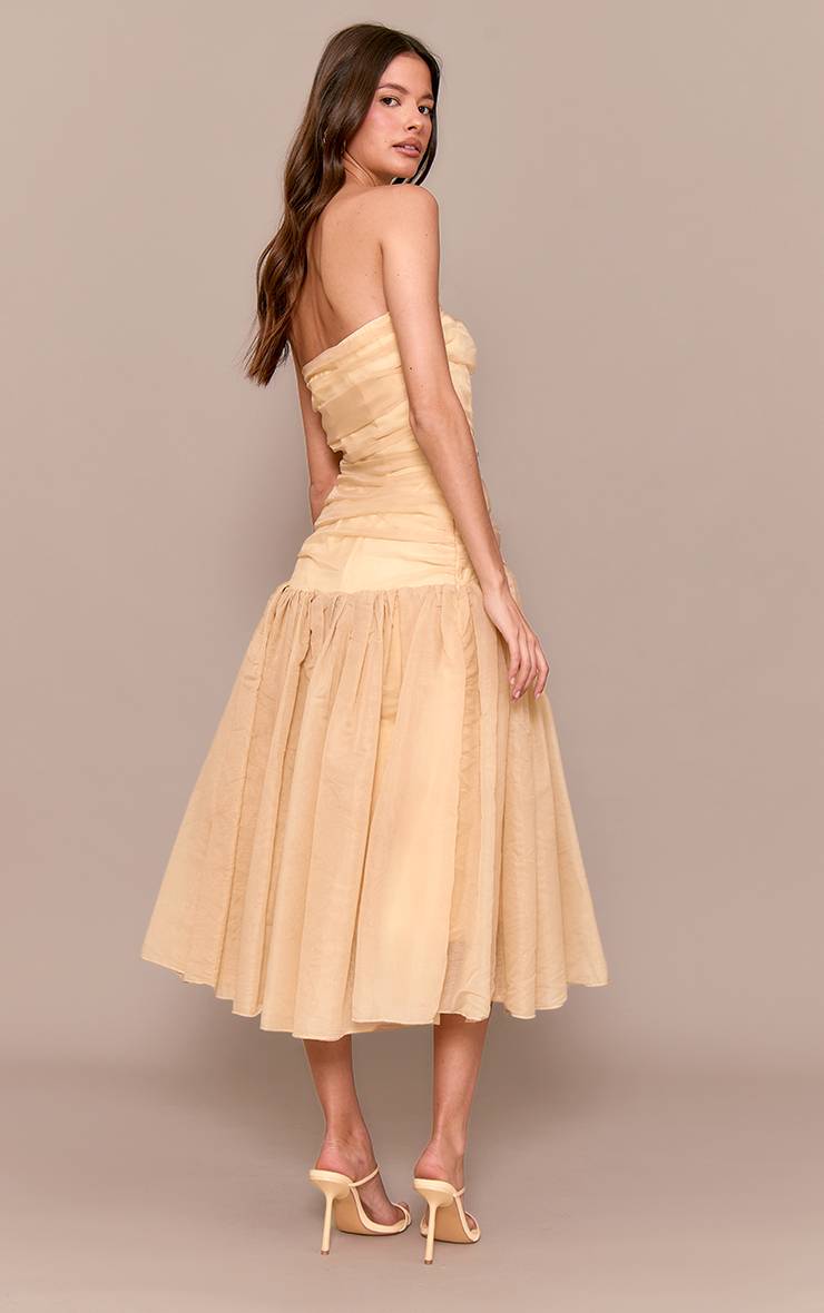 Jaune Robe Midi En Organza À Corsage Froncé