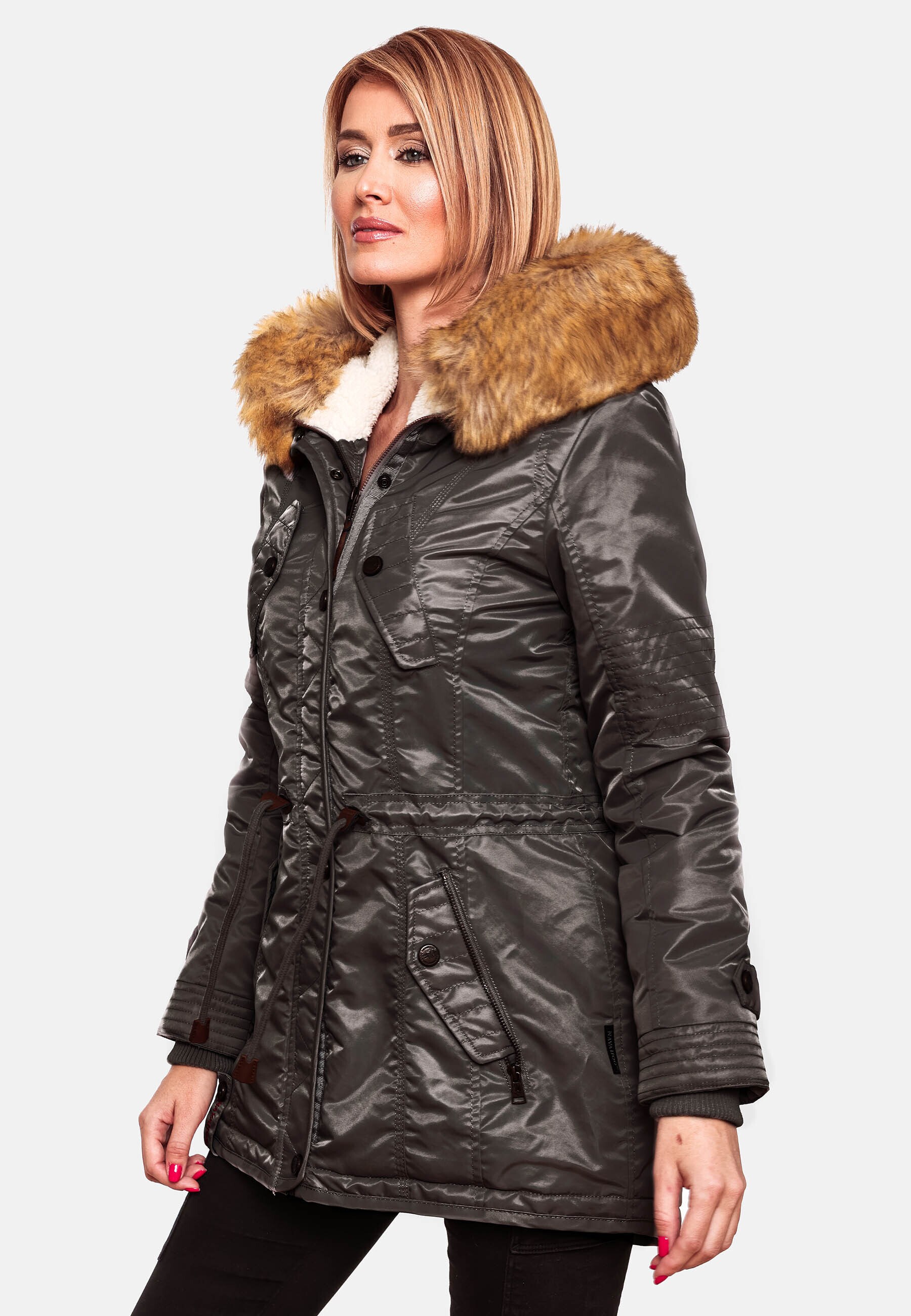 NAVAHOO Damen Hochwertiger Wintermantel Winterparka mit großem Kunstfell La Viva