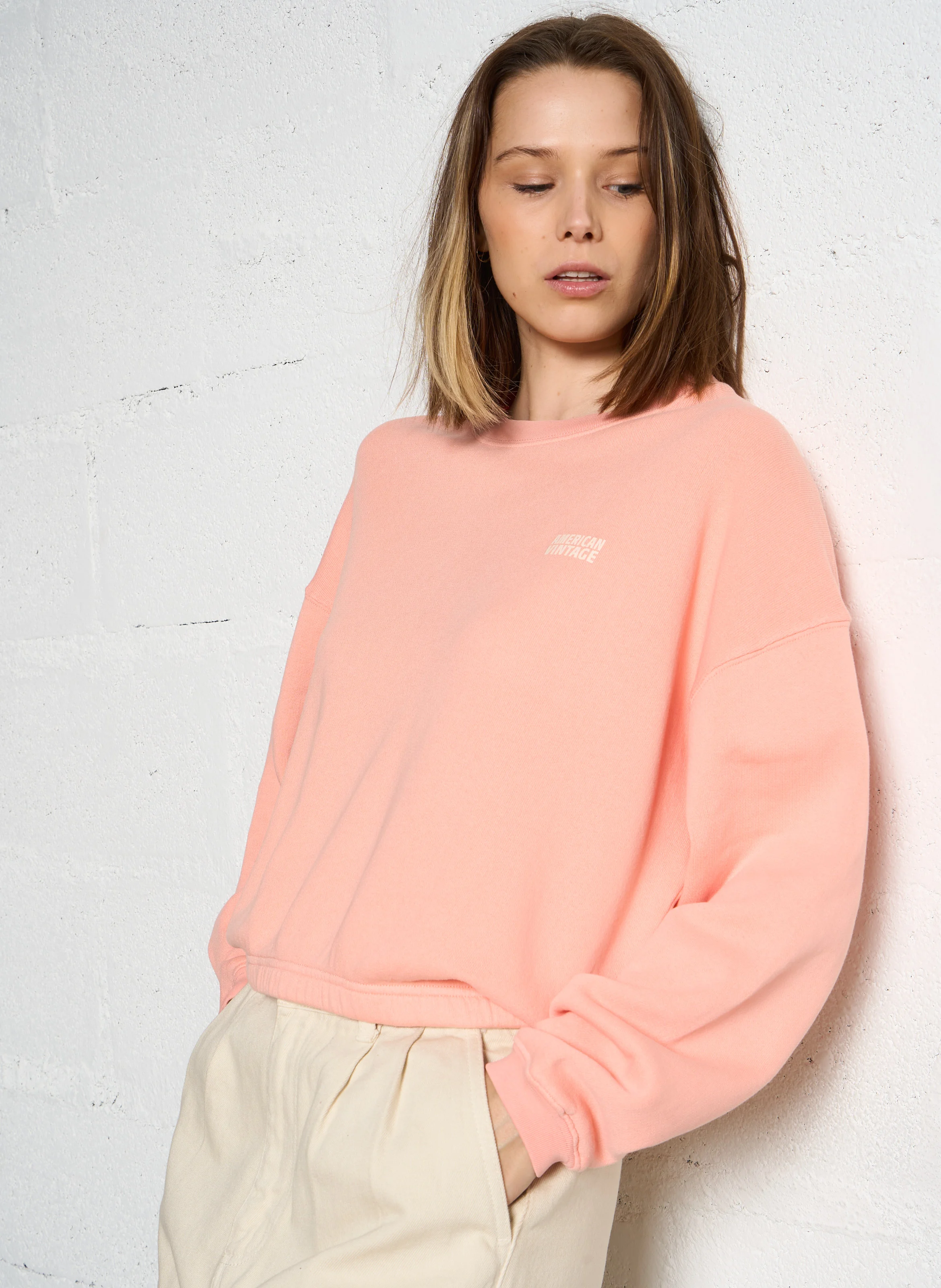 IZUBIRD - Sweat court col rond en coton mélangé| Rose