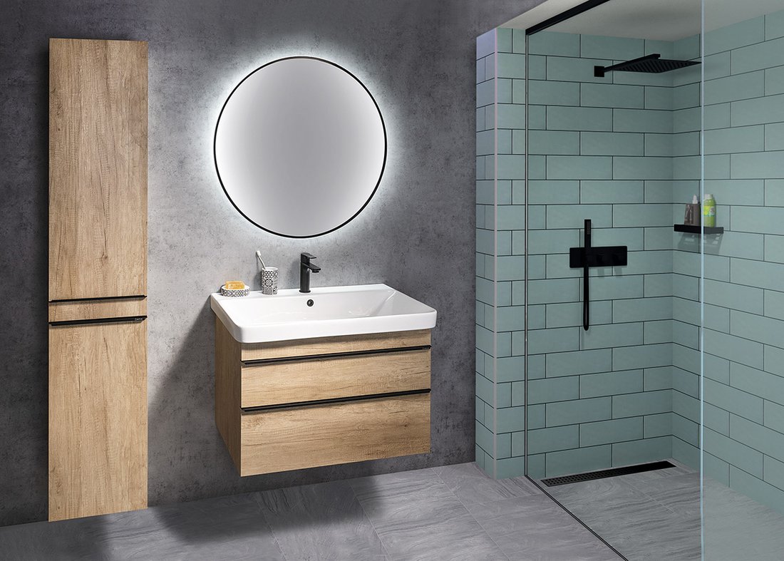 Sapho Sitia wastafelmeubel 80cm met LED spiegel en kolomkast eiken