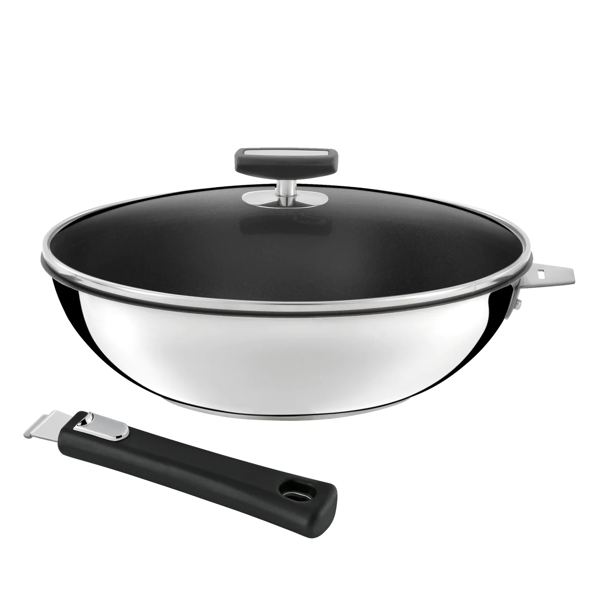 Malice - Wok 28cm inox revêtu avec couvercle et poignée noire Cuisinox