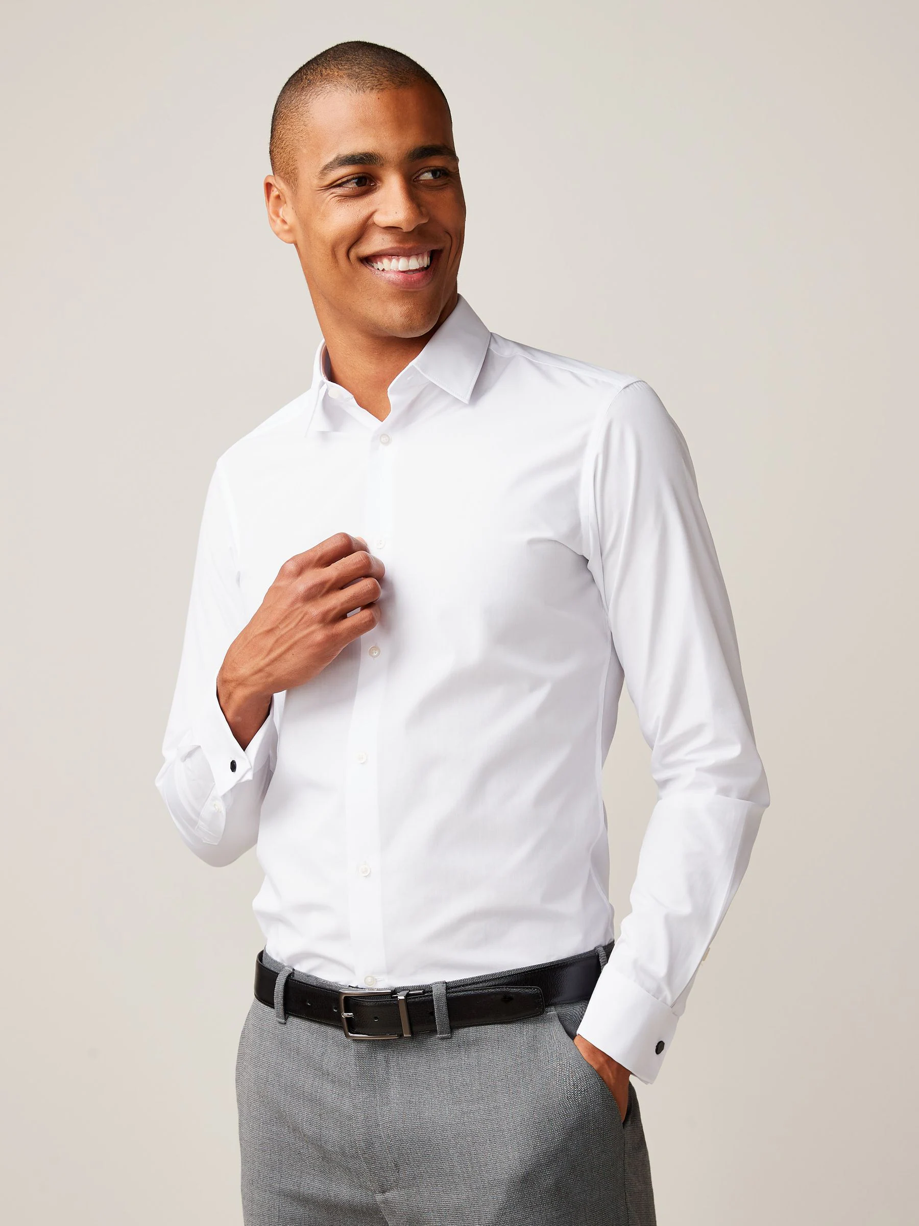 Wit - Slim Fit - Strijkvrij net overhemd met dubbele manchet