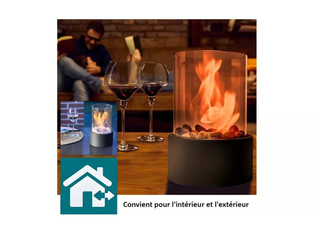 Cheminée de table portable au bioéthanol de haute qualité pour l'intérieur et l'extérieur avec pierres décoratives