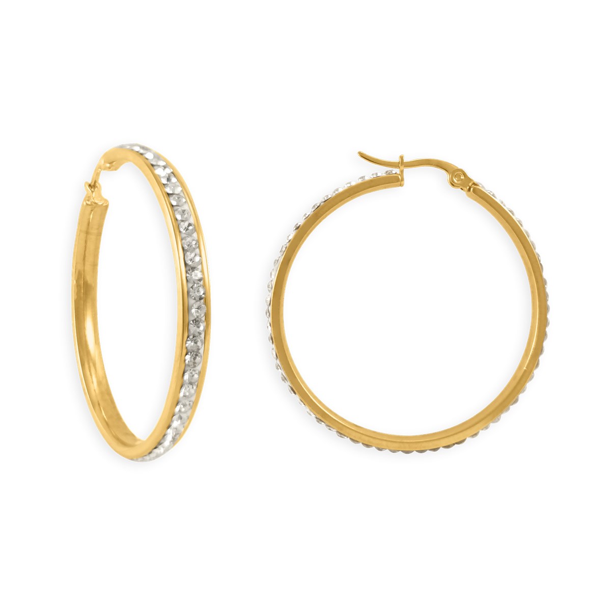 Boucles d'oreilles créoles acier plaqué jaune 4 cm avec oxydes de zirconium