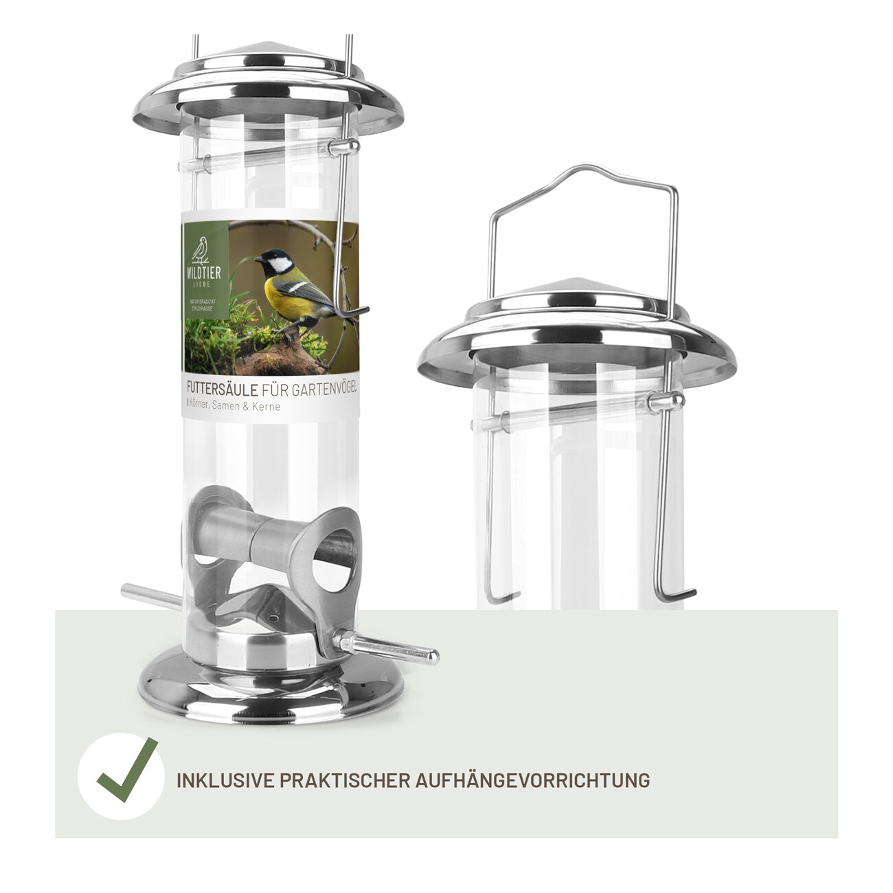 wildtier liebe Futtersäule für Samen, Körner & Kerne 23,5cm, Silber