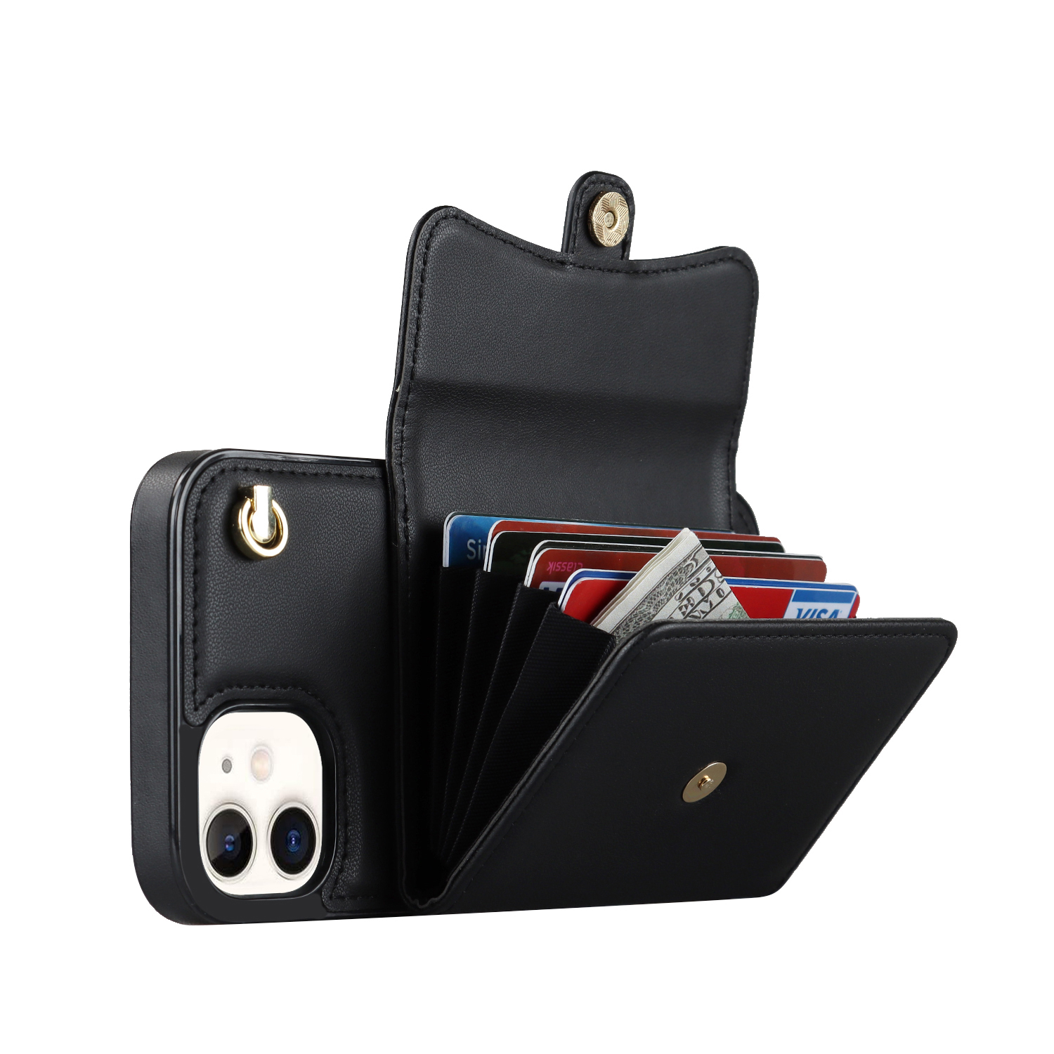 iPhone 11 Necklace Leder Schutz Hülle mit Kartenfach   Handykette (140cm) - Schwarz
