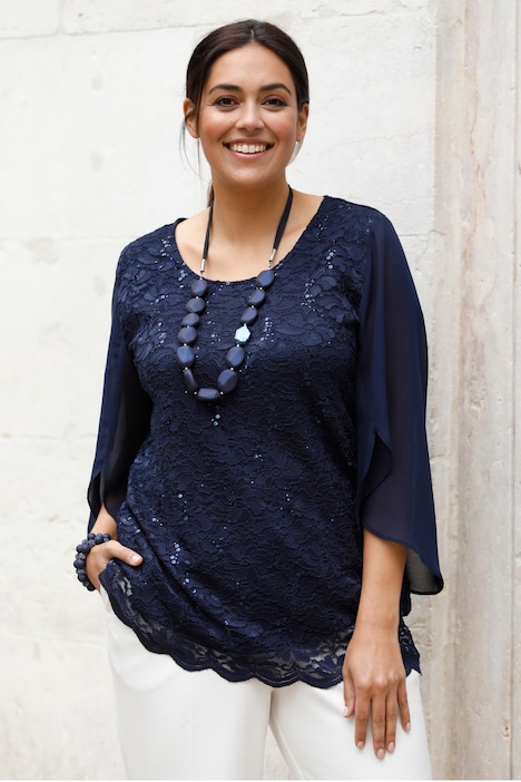 Shirt, gerader Straight Fit, Chiffon mit Pailletten, blickdichtes Top