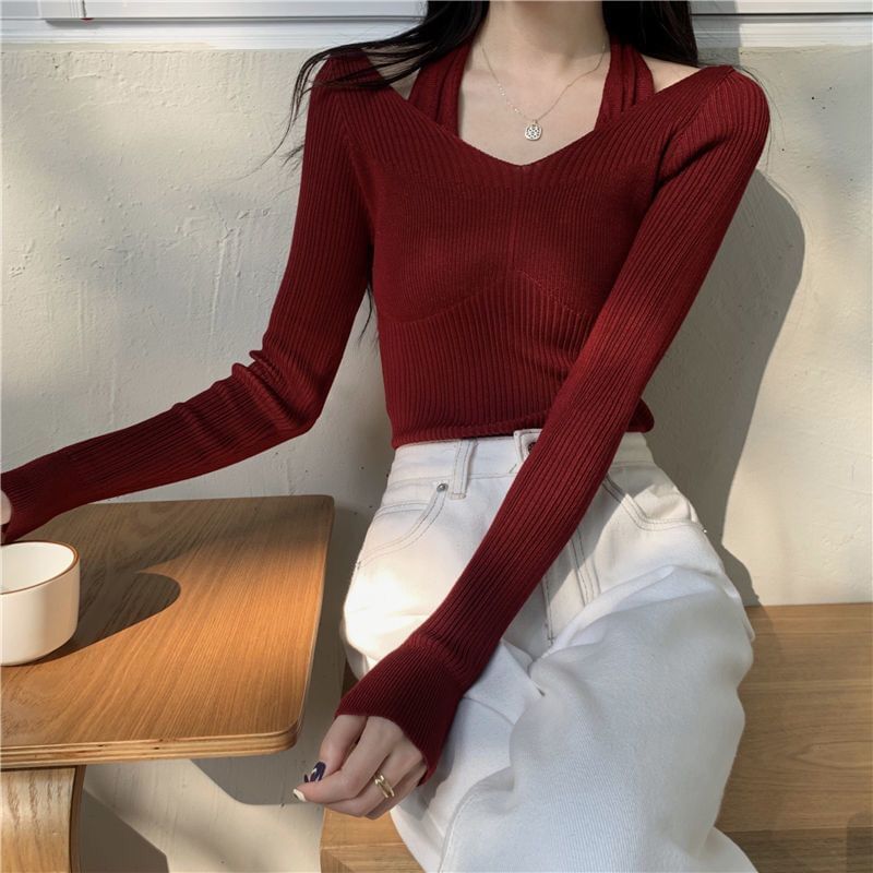 Hevnir - Tweedelige geribbelde, slim fit gebreide top met lange mouwen en halternek
