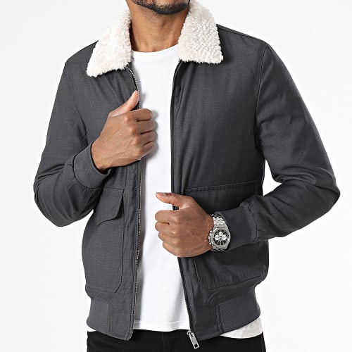 Veste Zippée Col Fourrure Gris Anthracite