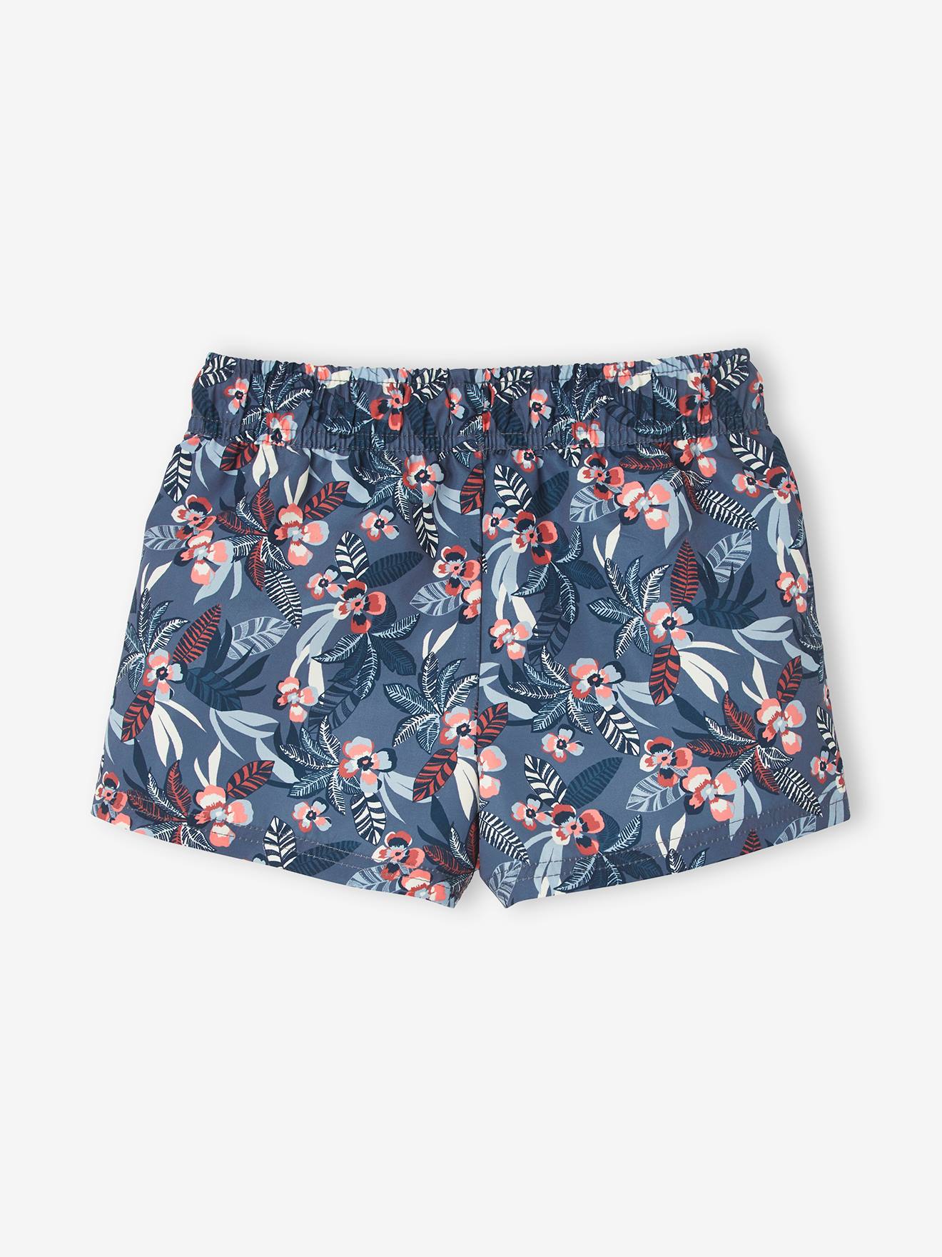 Shorts de banho Tropical para meninas, tamanho médio, estampa azul.