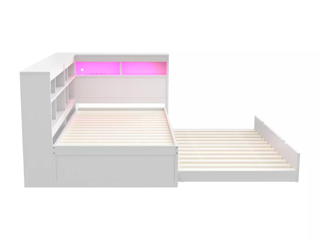Canapé-lit en bois massif 90x200 cm - avec lit gigogne - avec prise USB + et éclairage LED - avec compartiment de rangement - blanc (sans matelas)
